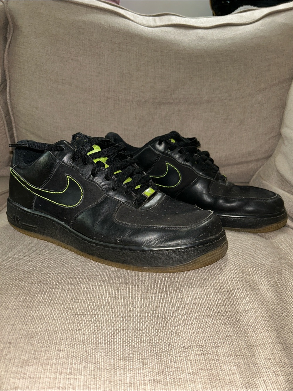 Nike Air Force Ones Men’s Black Leather Sneakers with Neon Green Accents
